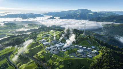 Sticker - power station nestled in green landscape, surrounded by mountains and clouds, showcases modern energy production. serene environment contrasts with industrial structures, highlighting sustainability