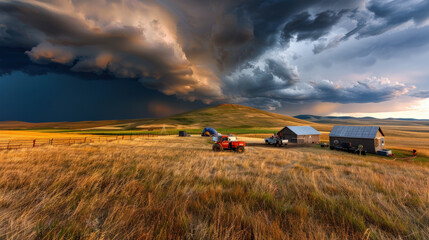 Sticker - picturesque rural landscape featuring vibrant field with tractor, farm buildings, and dramatic storm clouds overhead. scene captures beauty and intensity of nature