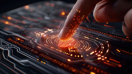 Aufkleber - close up of finger touching glowing digital interface, showcasing intricate circuitry and vibrant lights. image conveys sense of advanced technology and interaction