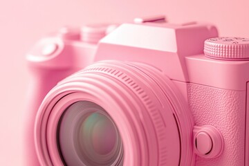 A detailed view of a pink camera with its lens, ideal for photography-related themes and designs