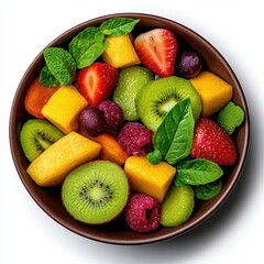 A photostock of a mixed fruit salad in a bowl on a white background, colorful and healthy.