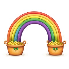 Wall Mural - Cartoon rainbow with pots of gold at both ends on a white background.