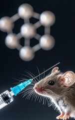 Mouse receiving injection, molecular structure in background, dark setting.