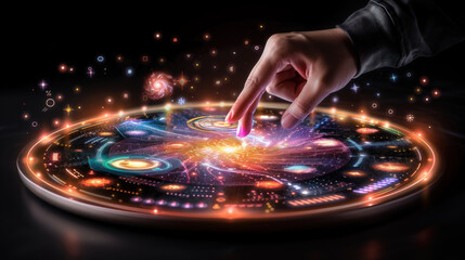 Aufkleber - hand interacts with holographic display of vibrant galaxy, showcasing swirling stars and cosmic elements. scene evokes sense of wonder and exploration