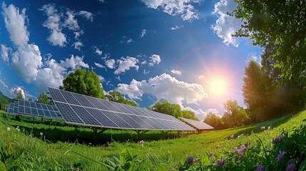 Sticker - Expansive solar power station set under bright blue sky with fluffy clouds, showcasing renewable energy in vibrant landscape