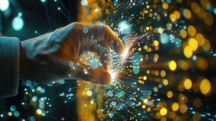 Aufkleber - hand reaching out to touch illuminated digital particles, creating sense of connection and interaction with technology. vibrant colors and glowing effects evoke feeling of innovation and exploration