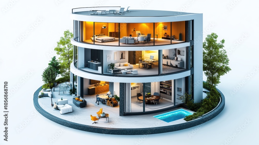 Multi Level House Layout Isometric home office in HOME. The image depicts a modern, multi-level ...