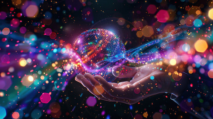 Poster - hand holds glowing, colorful sphere surrounded by vibrant light particles, creating magical and futuristic atmosphere. scene evokes sense of wonder and innovation