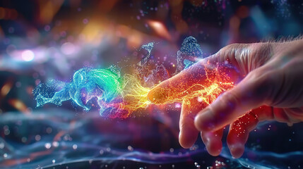 Poster - hand reaching out to touch vibrant, colorful stream of digital energy, symbolizing connection between technology and creativity. scene is filled with dynamic light and motion, evoking sense of wonder