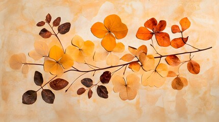 Wall Mural - Dried Leaves Arranged on a Light Orange Background