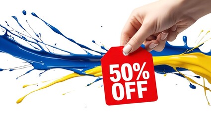 A vibrant and eye-catching illustration of a hand holding a 50% off sale tag. Big Savings. Discount. Limited Time Offer. Exclusive Deal. 11