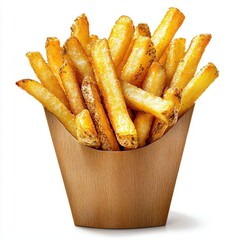 A photostock of crispy French fries on a white background, golden and delicious.