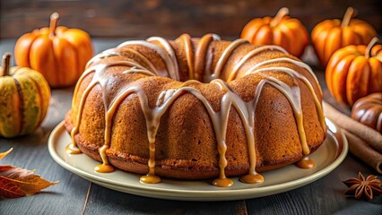 Close-up of a moist and fluffy pumpkin bundt cake with a cinnamon glaze, pumpkin, bundt cake, homemade, delicious