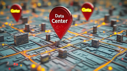 Poster - 3d illustration of data center locations on map with development pins