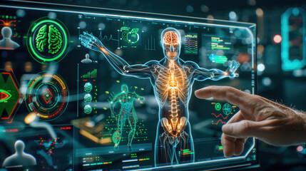 Aufkleber - person interacts with advanced digital screen displaying holographic representation of human body, showcasing various health metrics and anatomical details. scene conveys sense of innovation and