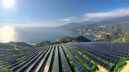 Sticker - panoramic view of solar power station set against stunning coastal landscape, showcasing rows of solar panels reflecting sunlight. serene ocean and mountains create harmonious blend of nature and