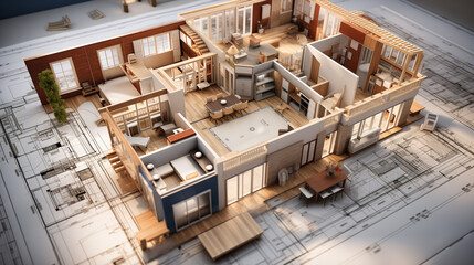 house model lying on the floor plan construction plan - turnkey house