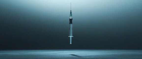 Poster - A single syringe hangs in the air, suspended against a dark blue background, a symbol of hope or danger.