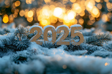 banner new year 2025. Spruce branches soft and fluffy, covered with snow, festive bokeh golden background