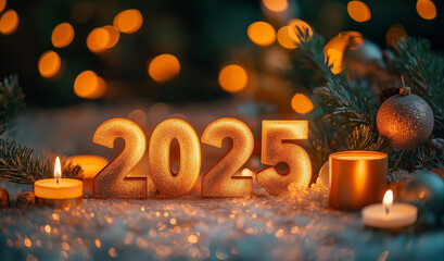 banner new year 2025. Spruce branches soft and fluffy, covered with snow, festive bokeh golden background