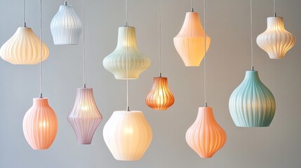 Poster - Minimal-style plastic pendant lamps in soft hues, arranged against a neutral background; subtle, clean lines with gentle lighting.