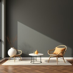 Minimalist living room with two chairs, a coffee table, and a vase on a rug.