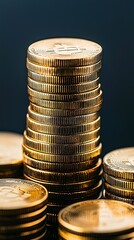 Poster - A macro shot of gold coins and bars in a financial setting, symbols of wealth, stability, and inflation hedge, intense contrasts with shadows emphasizing weight and importance