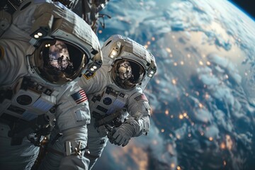Wall Mural - two astronauts in space suits with earth in the background