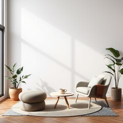 Minimalist living room with a beige armchair, a round ottoman, a coffee table, a rug, and two potted plants, all in front of a white wall with a window.