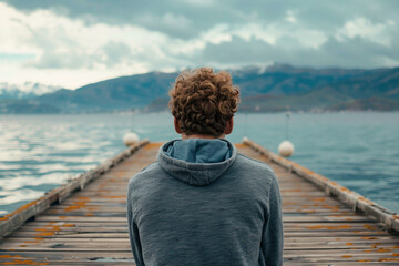 Elegant young man walking on the bridge during sunset generative AI