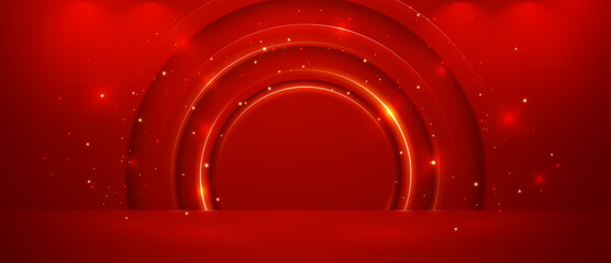 Poster - elegant stage in red color with glowing lights and sparkles