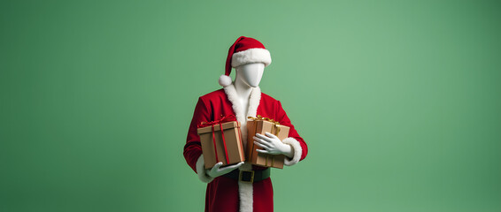 Futuristic mannequin or robot dressed as Santa Claus, holding holiday gift boxes with ribbons on a green background. A modern and minimal take on Christmas, blending technology with festive traditions