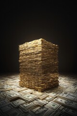Poster - Gold bullion stacked on a ledger with inflation graphs drawn in background, a cinematic gradient of light revealing textures and details, editorial depth