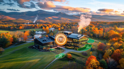 Sticker - stunning view of power generation facility surrounded by vibrant autumn foliage and mountains. facility showcases modern architecture, blending with natural landscape, creating harmonious scene