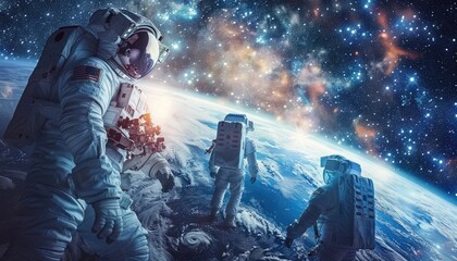 Wall Mural - astronauts spacewalking against a starry background with earth below