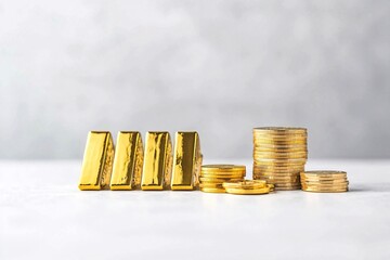 Poster - A row of gold bullion bars arranged in front of a stack of coins on a plain background, illustrating wealth building with significant copy space available.