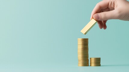Poster - A hand holding a small gold bar above a stack of coins, symbolizing investment in tangible assets, with a clear background providing generous copy space.