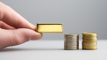 Poster - A hand holding a small gold bar above a stack of coins, symbolizing investment in tangible assets, with a clear background providing generous copy space.