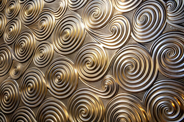 A textured wall with metallic, spiral designs creates an elegant and dynamic appearance, showcasing intricate patterns in gold and silver tones.