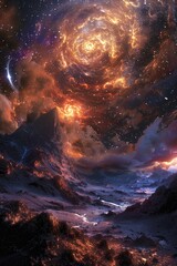 Wall Mural - Dark starry fantasy celestial night sky with mountain