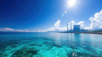 nuclear power plant by clear blue ocean under bright sun, showcasing serene landscape. vibrant water
