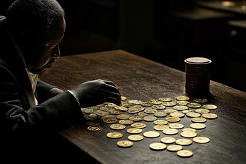 Poster - High-end presentation of gold bullion and coins on a wooden desk, representing a solid investment portfolio, refined lighting