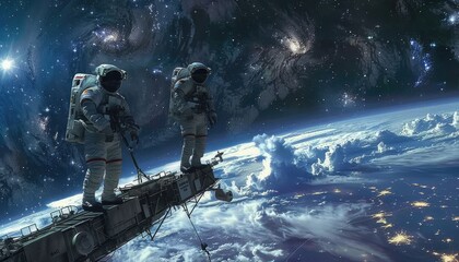 Wall Mural - two astronauts on a space station above earth with a starry background