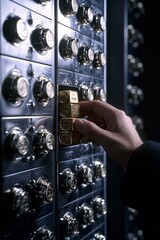 Poster - A close-up of a hand stacking gold bars into a savings vault, intricate detail on the gold textures, wealth preservation