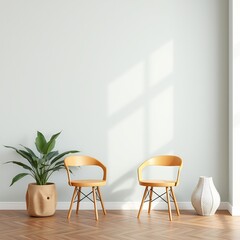 Two yellow chairs with wooden legs facing each other, a potted plant on the left and a white vase on the right, on a herringbone wooden floor in a modern, minimalist room with a blank white wall.