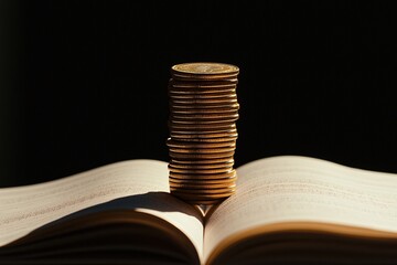 Poster - A polished stack of gold coins on a financial ledger, representing savings and investment strategy, intricate lighting