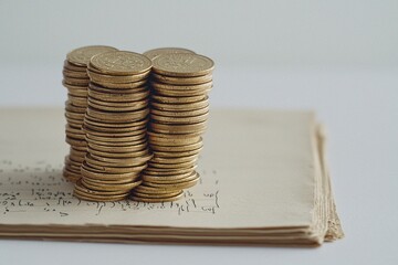 Poster - A polished stack of gold coins on a financial ledger, representing savings and investment strategy, intricate lighting