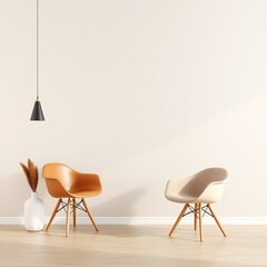 Two chairs and a pendant lamp against a white wall.