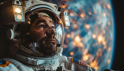 Wall Mural - astronaut gazing at earth with blurred city lights