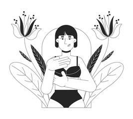 Poster - Breast cancer self exam black and white 2D illustration concept. Early detection. Young adult korean woman in bra examining herself outline character isolated. Metaphor monochrome vector art